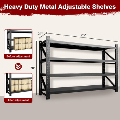Fesbos 9000LBS Metal Steel Storage Shelves - 75" W Black 4 Tier Heavy Duty Rack Commercial Industrial Shelving with Adjustable Shelf for Basement Garage Warehouse - 75" W x 24" D x 70" H