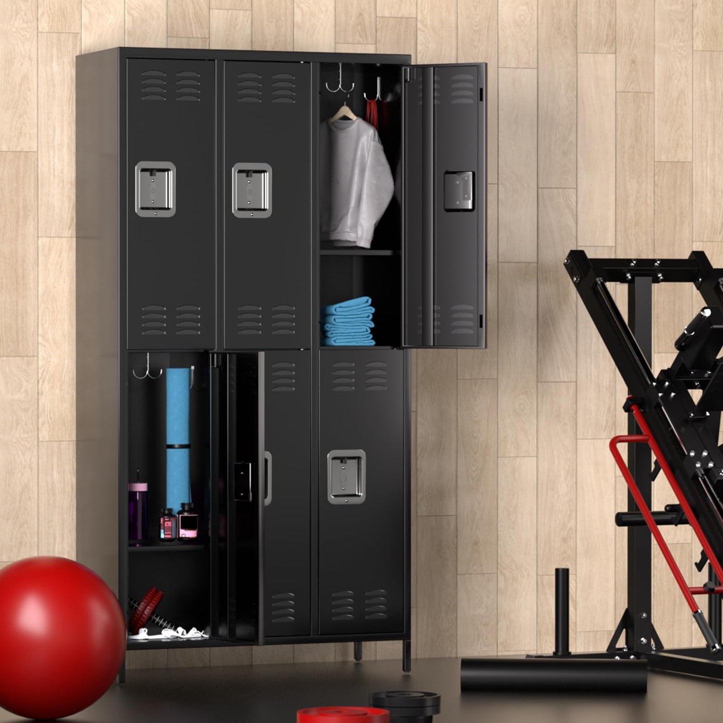 IDEALHOUSE Metal Lockers - 6 Doors Lockable Storage Locker, Sturdy Steel Cabinet with Shelves, Space-Saving Design for Home, Gym & Fire Department, Black