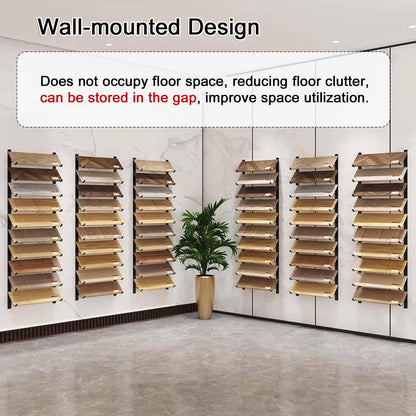 Floor Tile Sample Rack,Wall-Mounted Tile Sample Display Stand, 10-Tier Metal Holder for Retail, Heavy-Duty Floor Storage Rack, Space-Saving Wooden Shelf, Ideal for Showrooms (55.12x4.13in)