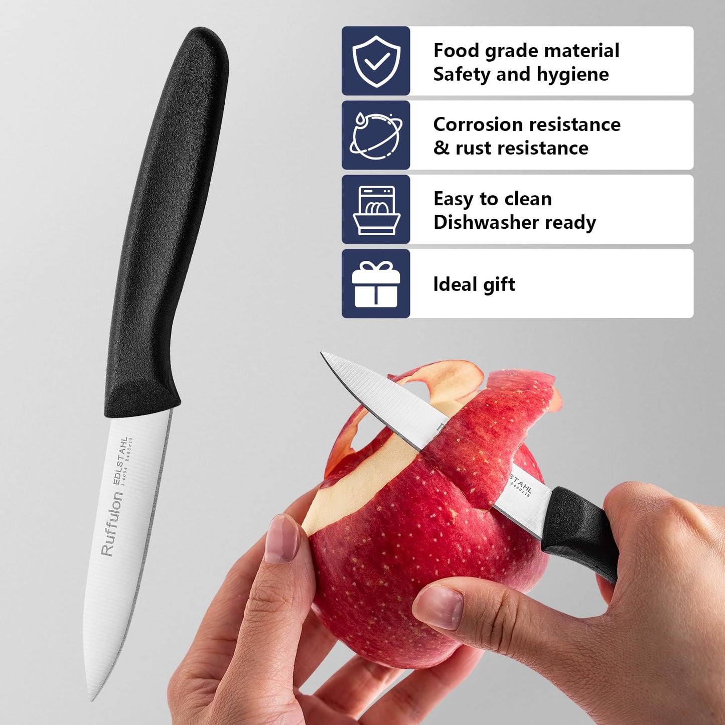 Ruffulon Paring Knife Fruit Knife Set (12 Pieces), Ultra Sharp Stainless Steel Vegetable and Fruit Knife with PP Plastic Ergonomic Handle for Cutting Fruits and Vegetables.