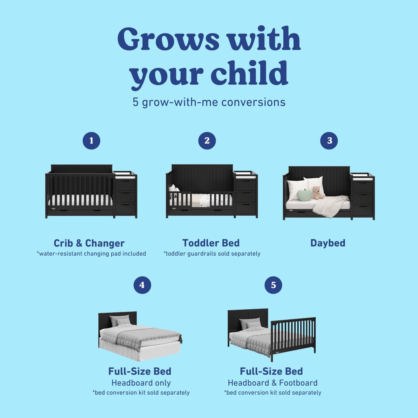 Graco Hadley 5-in-1 Convertible Crib & Changer – GREENGUARD Gold Certified, Fits Standard Crib Mattress, Converts to Toddler Bed and Full Bed, 4 Adjustable Mattress Heights (Black)