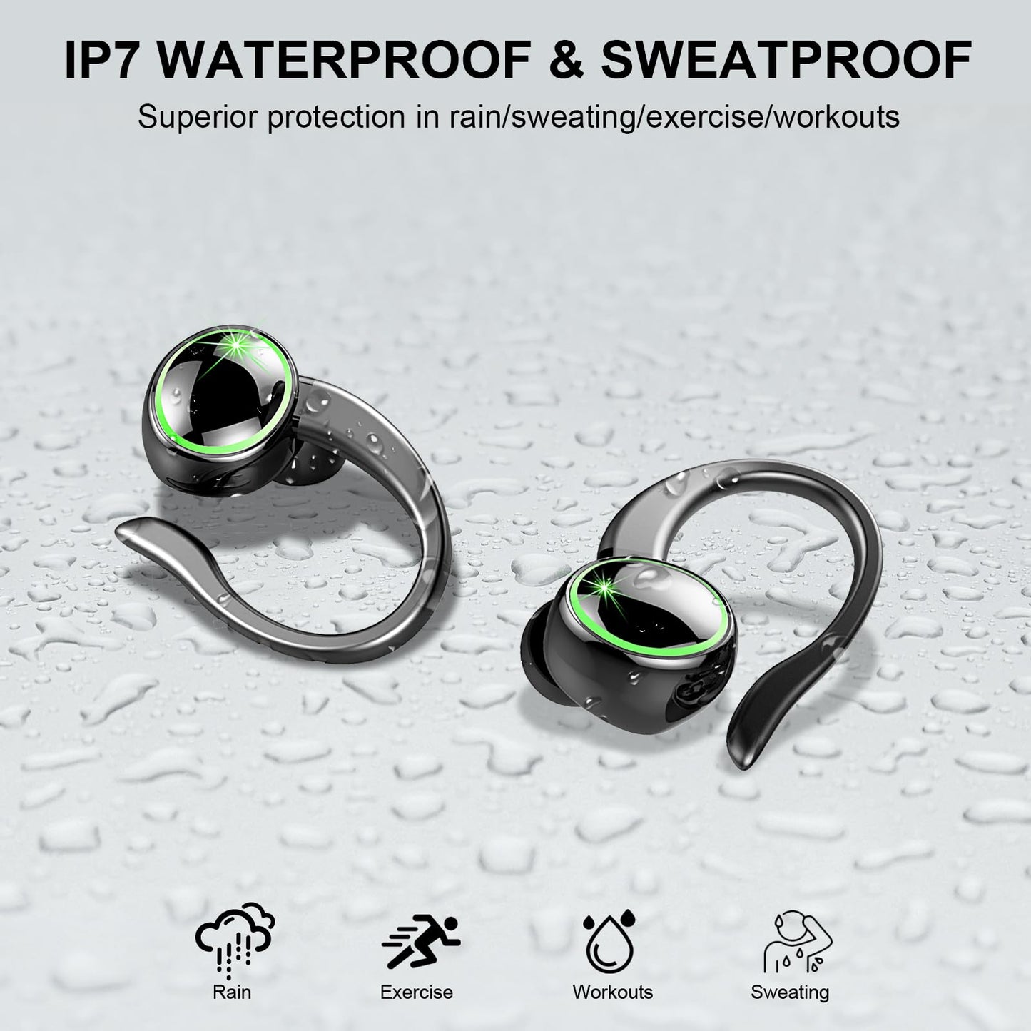 Wireless Earbuds Sports, Bluetooth 5.4 Headphones Hifi Stereo, 50H Playback Over-Ear buds with ENC Noise Cancelling Mic, Earphones with Earhooks, IP7 Waterproof Fitness Headset for Gym Running Workout