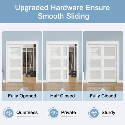 Paintable Sliding Closet Doors, 48" x 80" Bypass Slidng Door Panels with Hardware Kit, 3-Lite Frosted Glass Panle Door Slab Shaker for Bedroom/Closet/Barn - Assemble Required