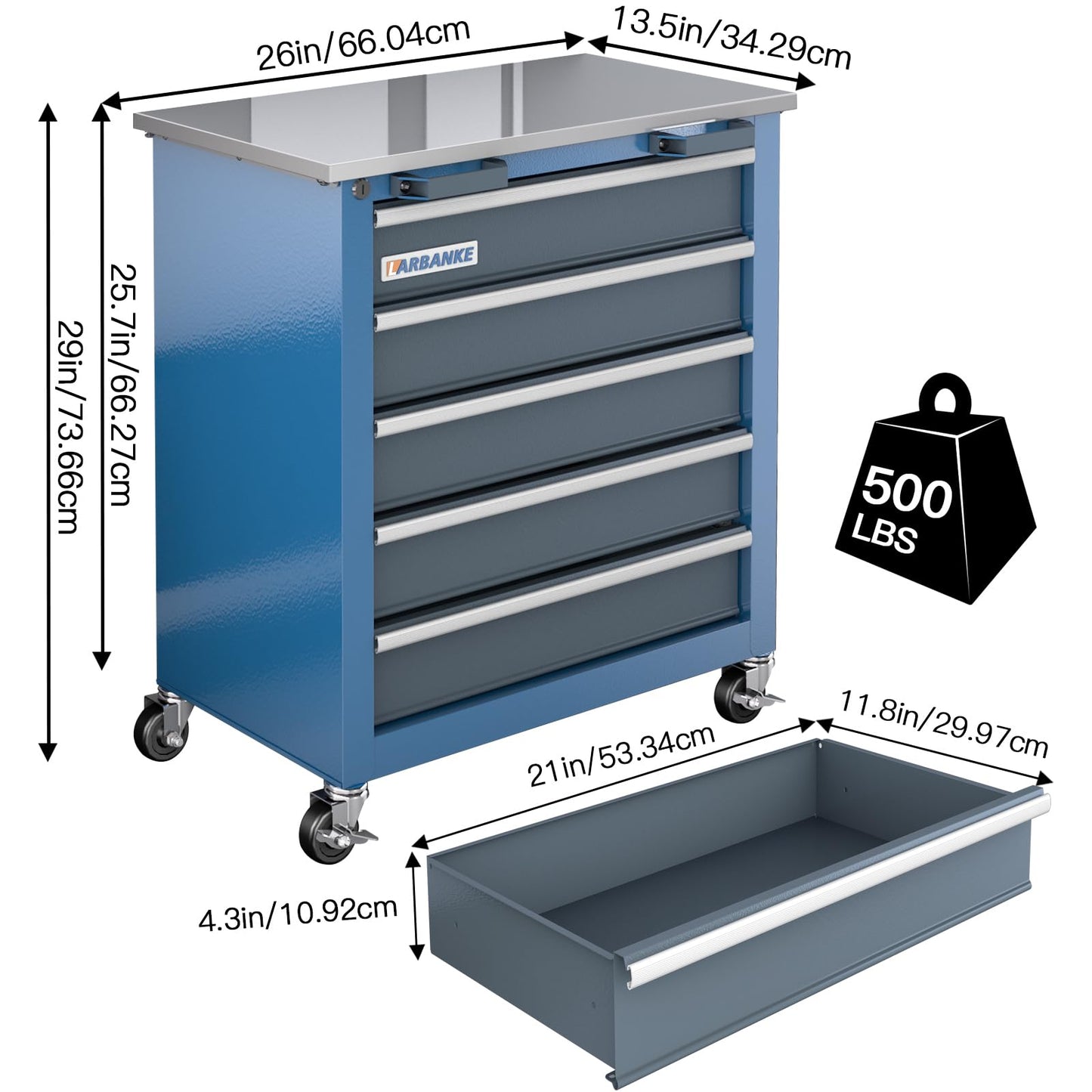 LARBANKE 5-Drawer Tool Chest, Rolling Tool Chest with Wheels, Foot Pads&Locking System,Mobile Storage Tool Cabinet with Stainless Steel Top,Connect Units for A Large Workstation for Office,Garage&Home