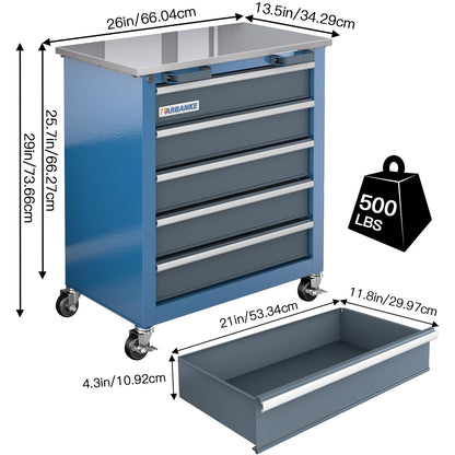LARBANKE 5-Drawer Tool Chest, Rolling Tool Chest with Wheels, Foot Pads&Locking System,Mobile Storage Tool Cabinet with Stainless Steel Top,Connect Units for A Large Workstation for Office,Garage&Home