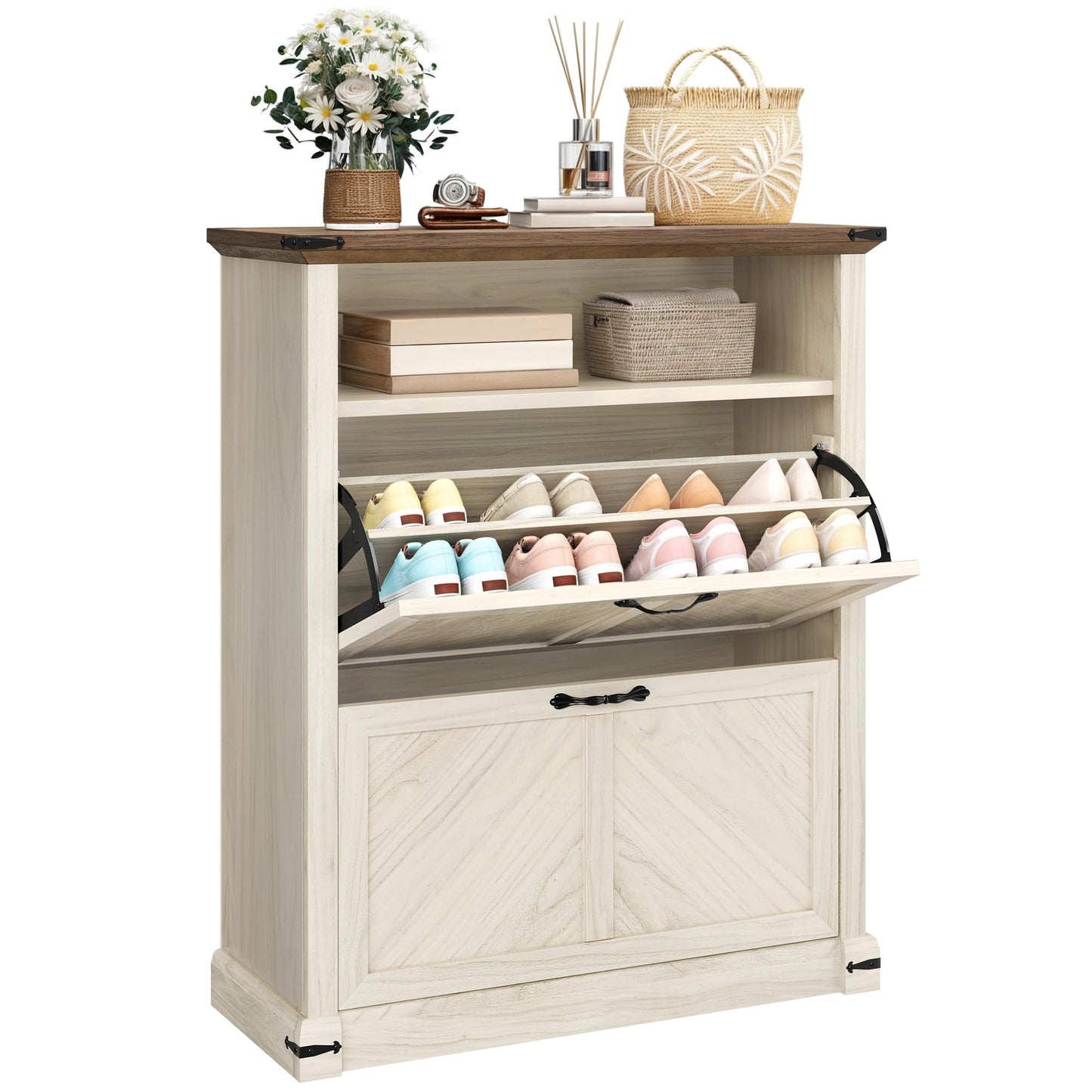 YITAHOME Shoe Cabinet for Entryway, 40inch Tall Shoe Storage Cabinet, Slim Shoe Cabinet with 2 Flip-Out Drawers & 1 Open Shelf, Shoe Storage for Entryway Hallway, Off White