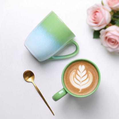 MONITO 14 OZ Coffee Mugs Set of 6, Large Ceramic Blue Coffee Mugs Set with handle for Tea/Latte/Milk/Cocoa, Funny Tea Cups for Office and Home, Engagement Gifts. (White-green)