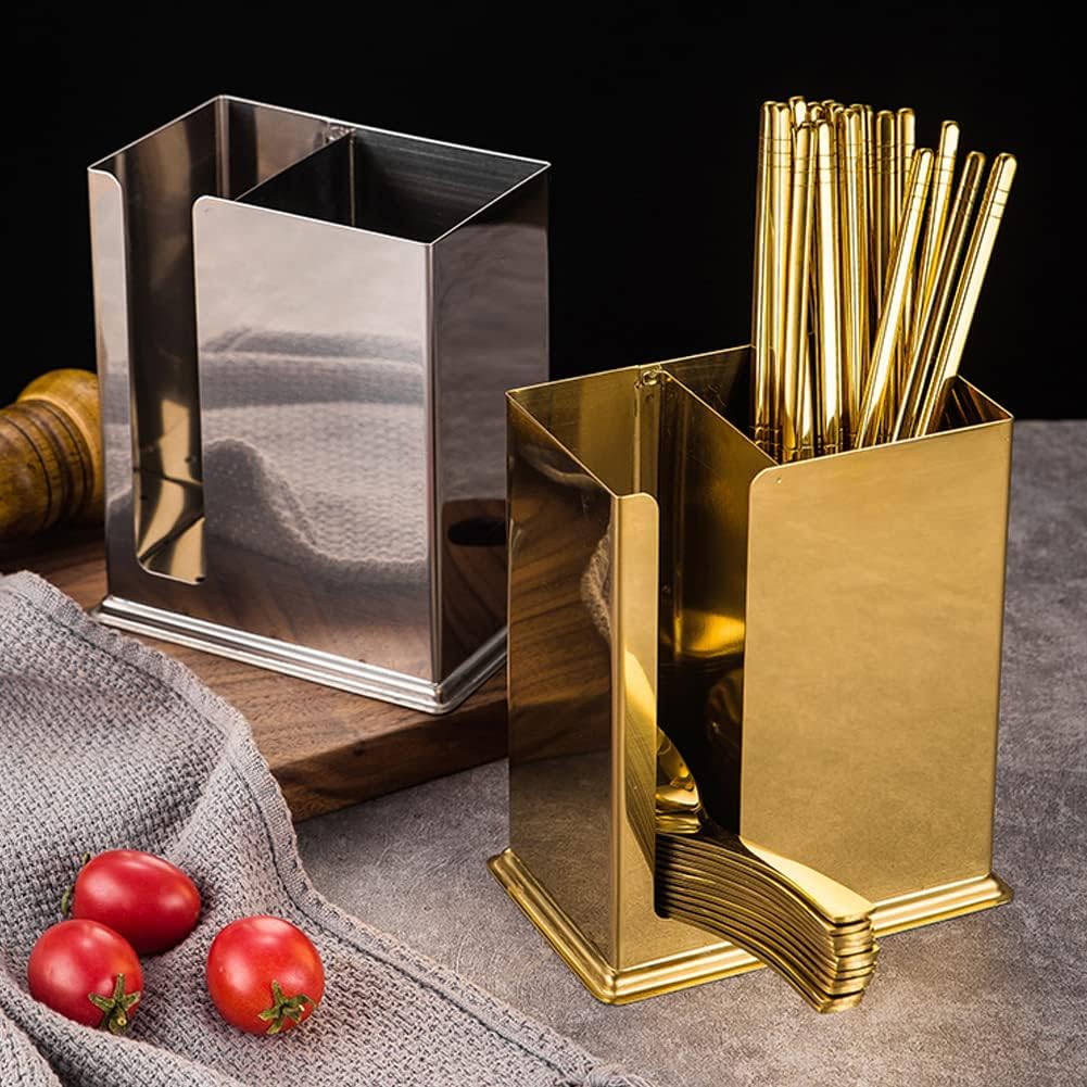 kaileyouxiangongsi Stainless Steel Utensil Holder, 2 Compartments Mesh Drying Rack for Kitchen (Golden)