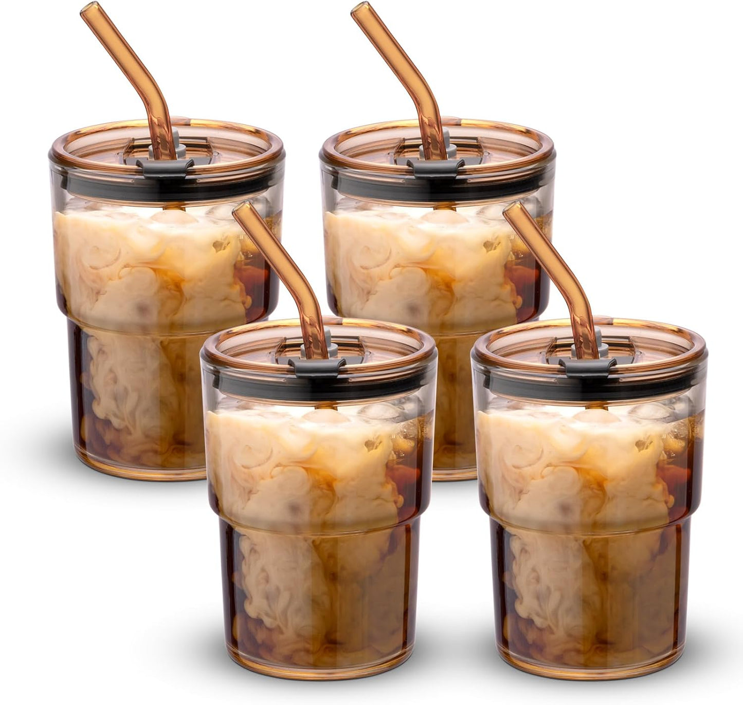 13 oz (Amber-4pack) BLUEPOLAR Tumbler Water Glass, Water Bottle with Straw and Dustproof Lid, Coffee Ice Cup Double