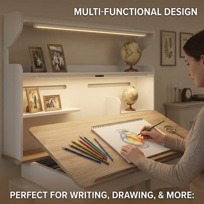 MOUMON 55" Electric Standing Drafting Table with Lights and Tiltable Desktop, Height Adjustable Drawing Table with Memory Presets, Drawer and Side Shelves, White and Oak 55.1" W x 23.6" D x 63"-79" H