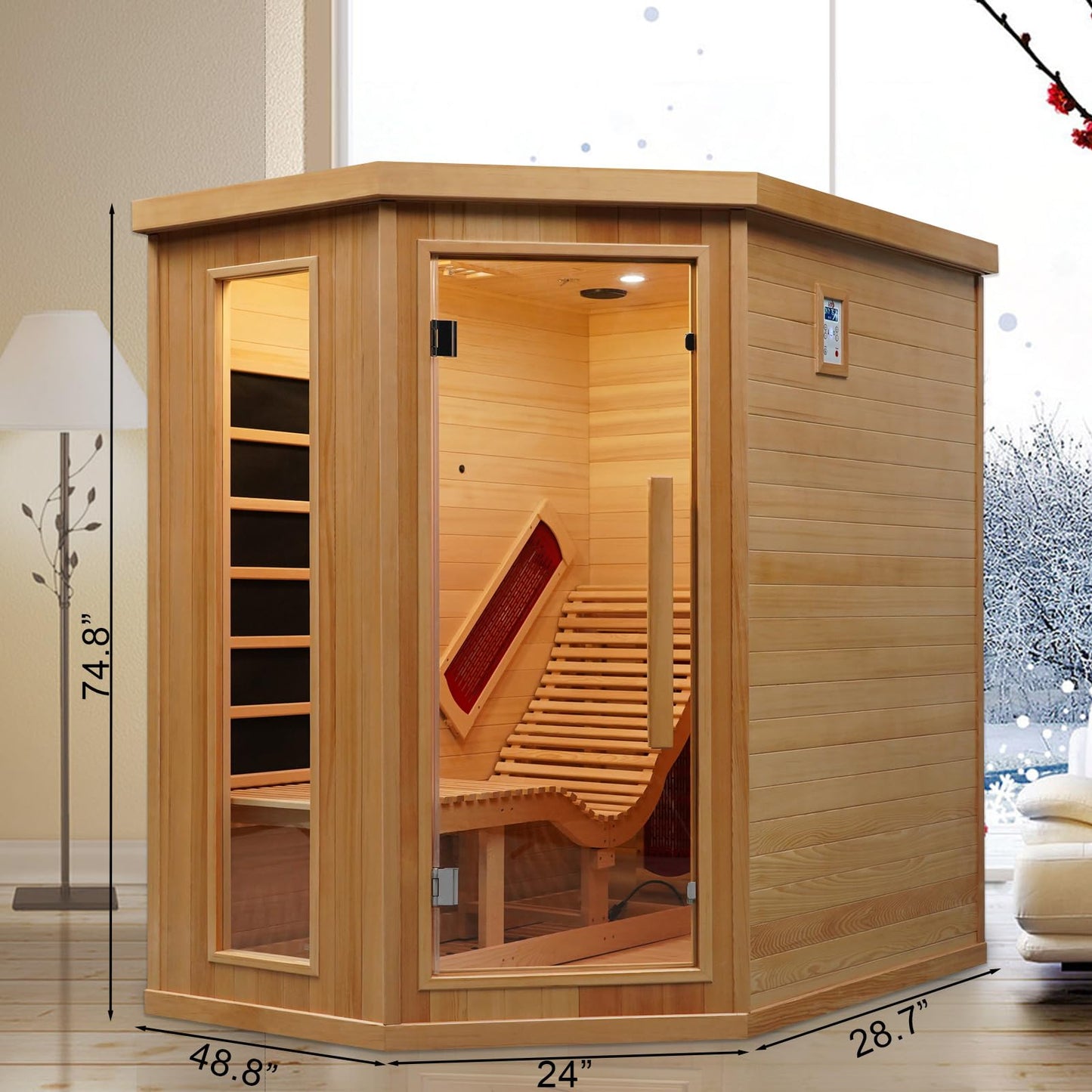 Smartmak Far Infrared Single Recliner Wooden Sauna,Home Indoor Canadian Hemlock Wooden Sauna,with 6 Heaters,Oxygen Bar,LED Controller,Bluetooth,Color Therapy Light(220V, 2300W)
