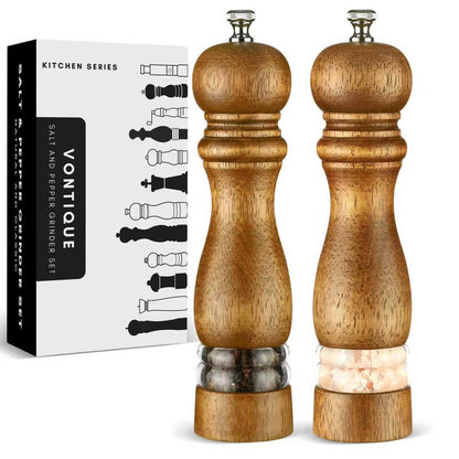 VONTIQUE 8inch salt and pepper grinder set manual salt pepper shakers wooden pepper mill refillable With adjustable ceramic grinding core Acrylic visualization window design 2-pieces