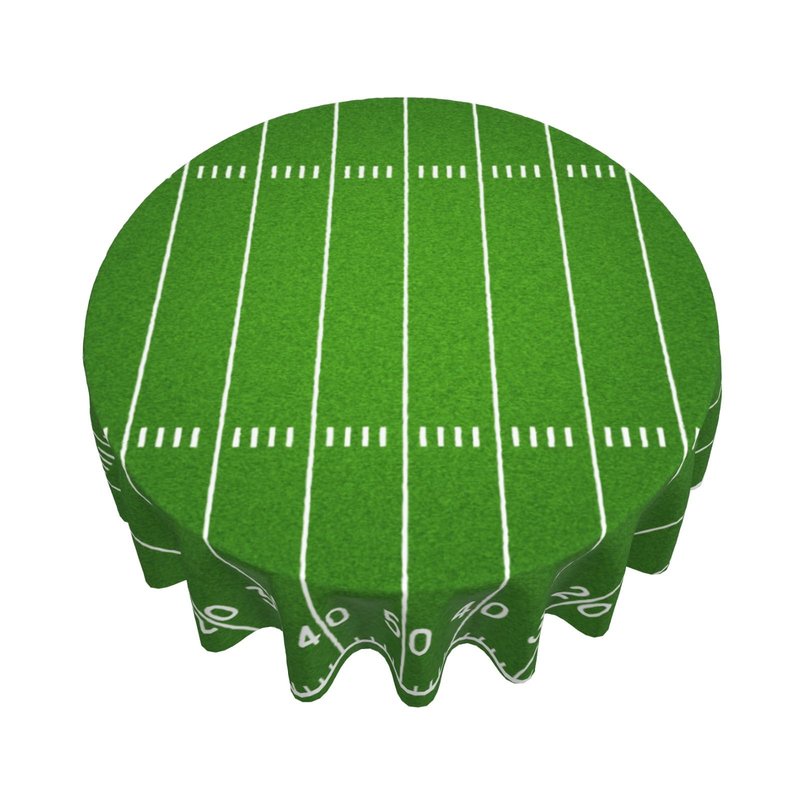 Vrysenium Football Tablecloth Round 60 Inch Green Football Field Table Cloth Circle Sport Themed Table Cover Waterproof Wipeable Polyester Tabletop for Birthday Games Day Party Decorations