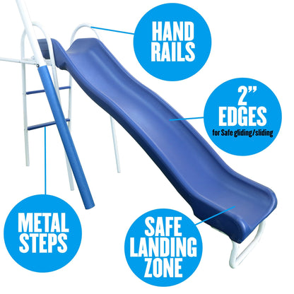 Free N Swing - 7 User / 5 Station Swing Set, Outdoor for Kids with 5' Slide. Easy Assembly Playground Set with Galvanized Metal Frame for Backyards, 168" L x 91" W x 74" H, by XDP Recreation