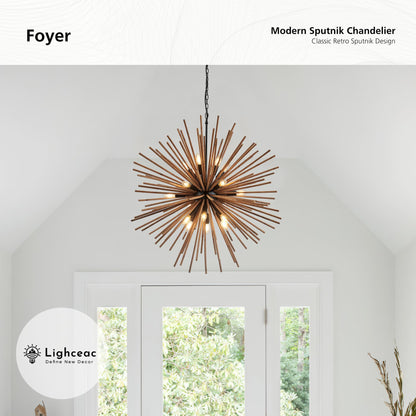 lighceac 37.4" Farmhouse Sputnik Chandelier for Dining Room Rustic Handmade Natural Wood 18-Light Hanging Ceiling Pendant Light Fixture Starburst Wood Chandeliers for Kitchen Bedroom Foyer Hallway