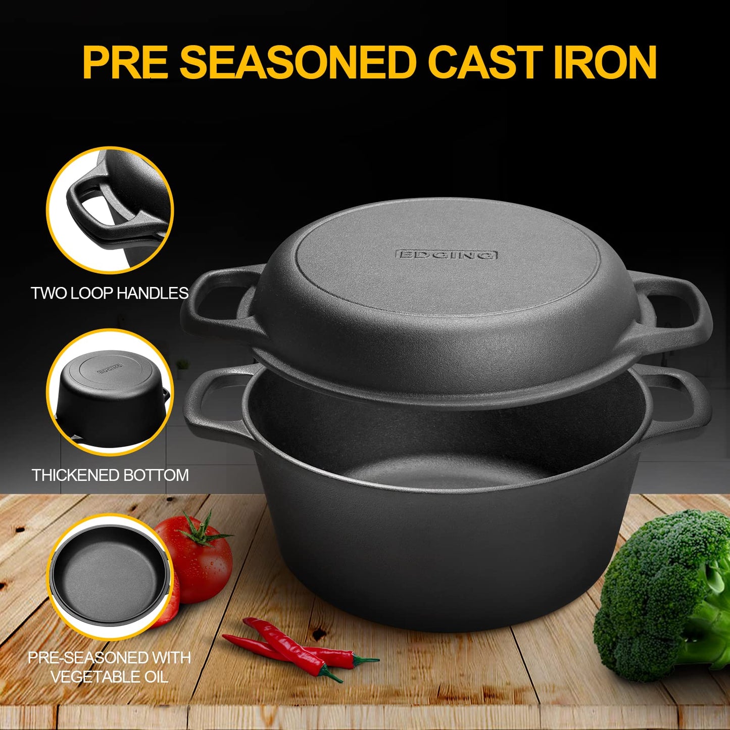 EDGING CASTING 2-in-1 Pre-Seasoned Cast Iron Dutch Oven Pot with Skillet Lid Cooking Pan, Cast Iron Skillet Cookware Pan Set with Dual Handles, Indoor Outdoor for Bread/Frying/Baking/Camping/BBQ, 5 Qt