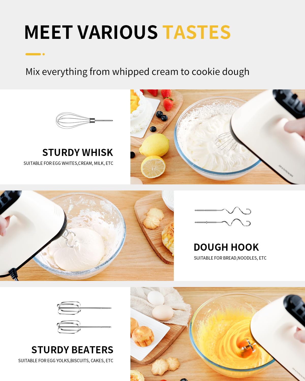SHARDOR Hand Mixer Electric, 6 Speed & Turbo Mixer Electric Handheld, Snap-On Storage Case,5 Stainless Steel Accessories for Whipping, Mixing Cookies, Brownie, Cakes, Dough Batters, White