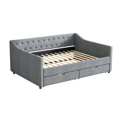 Ball & Cast Full Daybed W/ 2 Storage Drawers,Upholstered Day Bed W/Waved Shape Arms & Button Back,Sofa Bed for Bedroom,Guest Room,Living Room,No Box Spring Needed,Light Grey