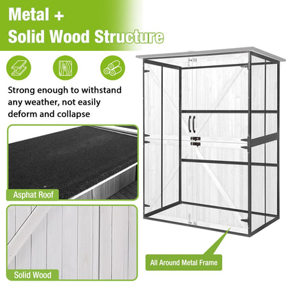 GUTINNEEN Outdoor Storage Cabinet Durable Metal Frame and Solid Wood Vertical Tool Shed with 3 Adjustable Height Shelves and Bottom Floor for Patio, Garden, Backyard, 55" L x 29" W x 67" H