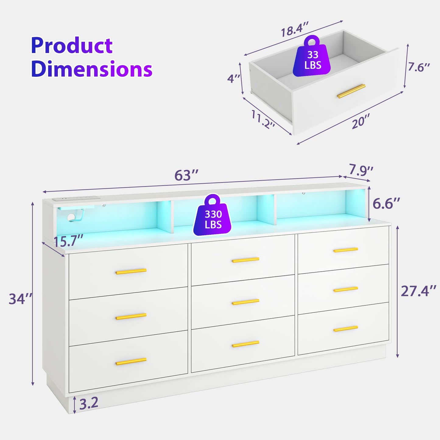 UNIQUITE White 9 Drawer Dressers for Bedroom, Modern Large Dresser with LED Light and Power Outlet, Wooden Long Dresser for Bedroom, Entryway, Hallway