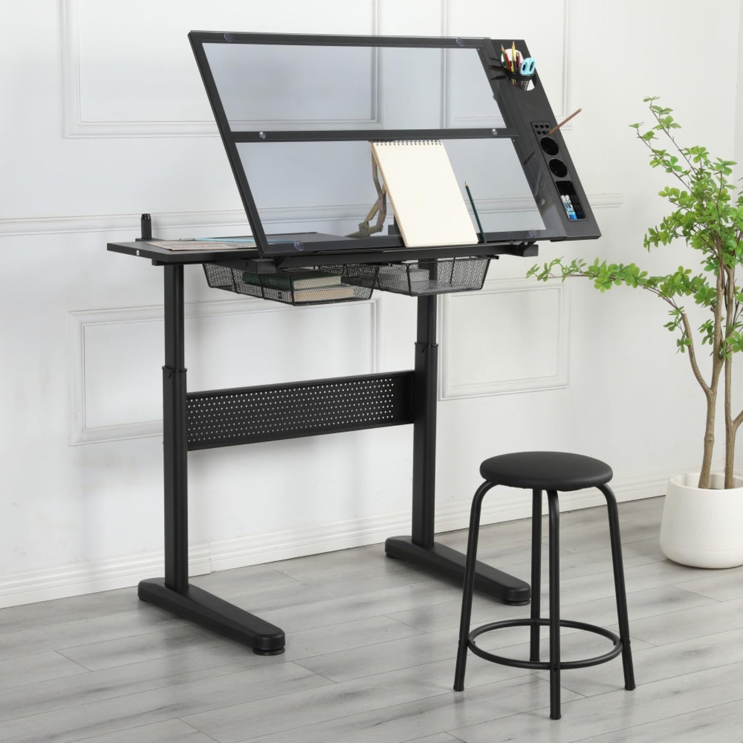 Hassyee Modern Design Hand Crank Adjustable Drafting Table Drawing Desk with Two Large-Size Metal Drawers and E0 Grade MDF Material Desktop (Black)