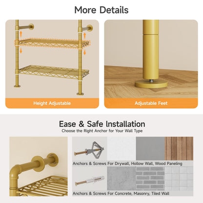 ONBRILL L7 Wall Mounted Industrial Pipe Clothing Rack – Heavy Duty Modular Closet System with 9 Hanging Rods ( 6 Expandable) & 10 Adjustable Shelves, Corner Garment Rack, Large Wardrobe - Gold