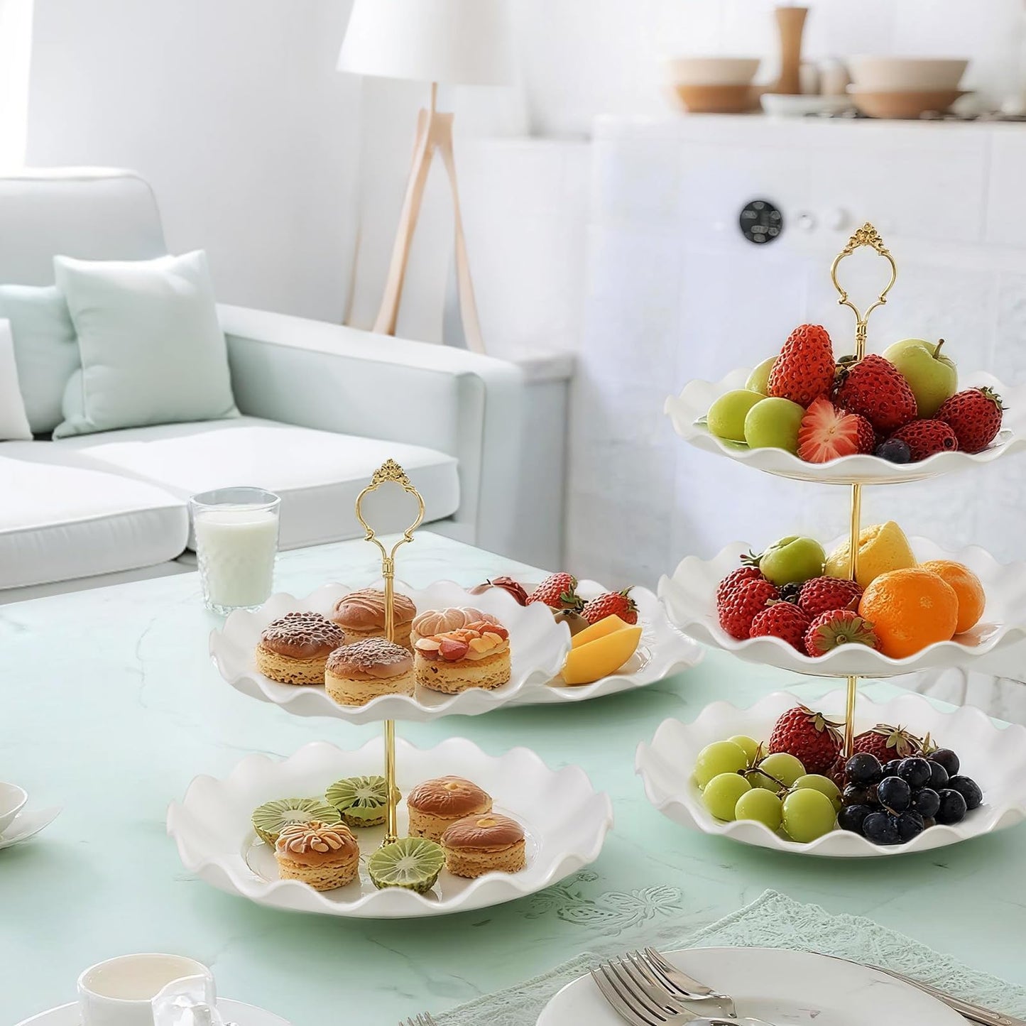 Wgbon 10 Pack Dessert Table Display Set, 4 Sets 3 Tier Cupcake Stand, 6 Pcs Food Serving Trays, Tiered White Plastic Cup Cake Tower for Birthday Baby Shower Wedding and Tea Party Supplies (10, Large)