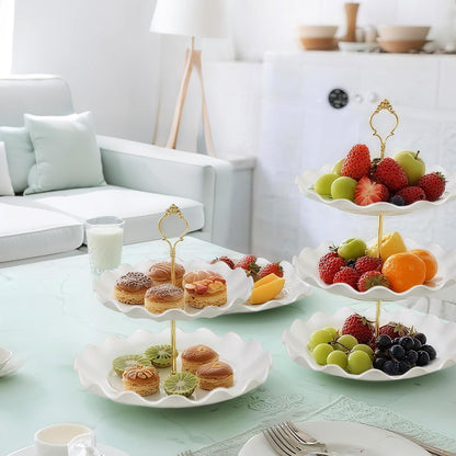 Wgbon 5 Pack Dessert Table Display Set, 2 Sets 3 Tier Cupcake Stand, 3 Pcs Food Serving Trays, Tiered White Plastic Cup Cake Tower for Birthday Baby Shower Wedding and Tea Party Supplies (5, Large)