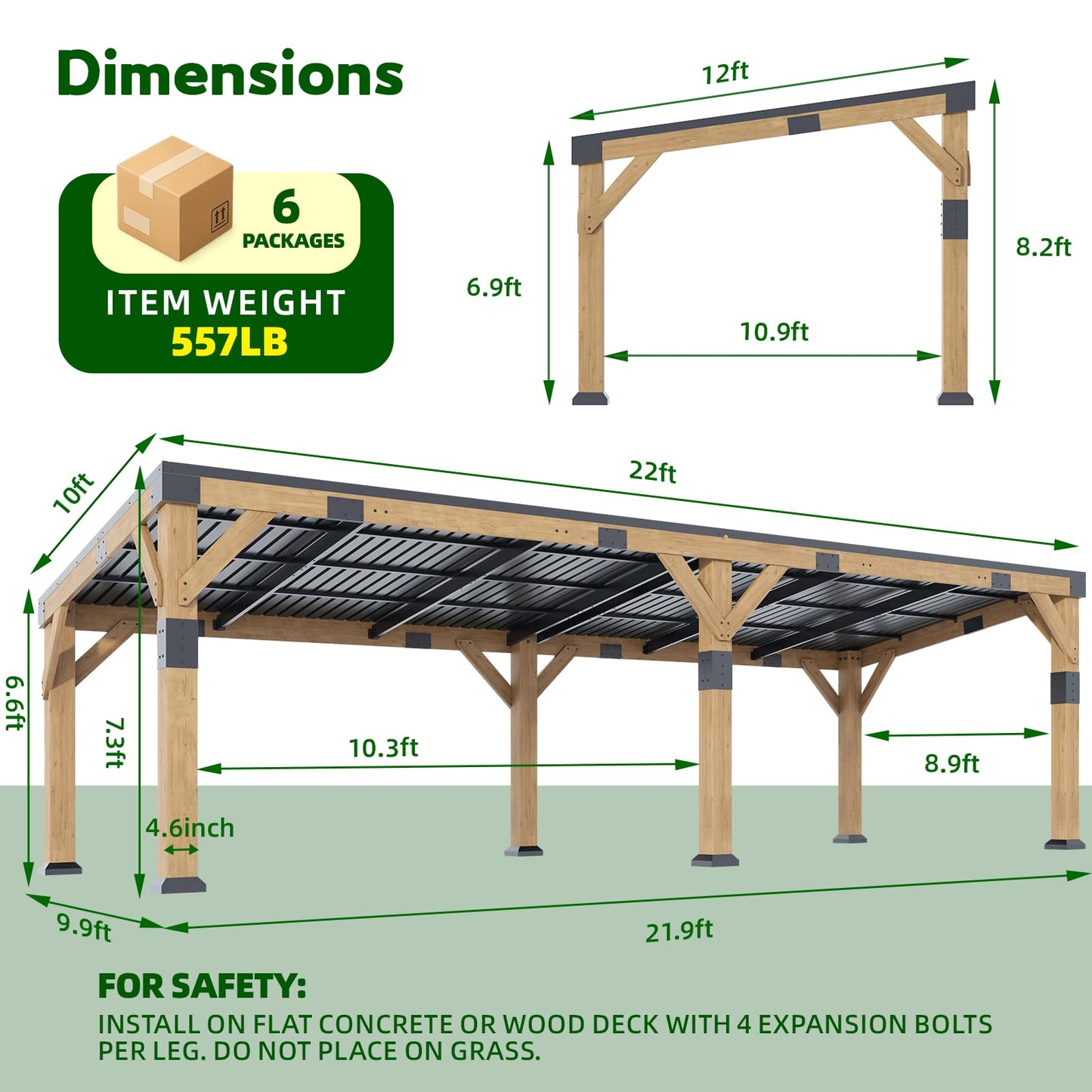 GOHONEI10x22 ft Cedar Wood Gazebo with Sloped Galvanized Steel Roof, Hardtop Gazebo Pavilion with Durable, Rot-Resistant Construction, Permanent Outdoor Pergola for Backyard, Garden & Deck