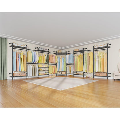 Timate U4 U Shape Garment Rack Heavy Duty Clothes Rack for Hanging Clothes, Expandable Industrial Pipe Clothing Rack Wall Mounted Closet Extra Large Closet Rack Walk in Closet System, Closet Kit Black