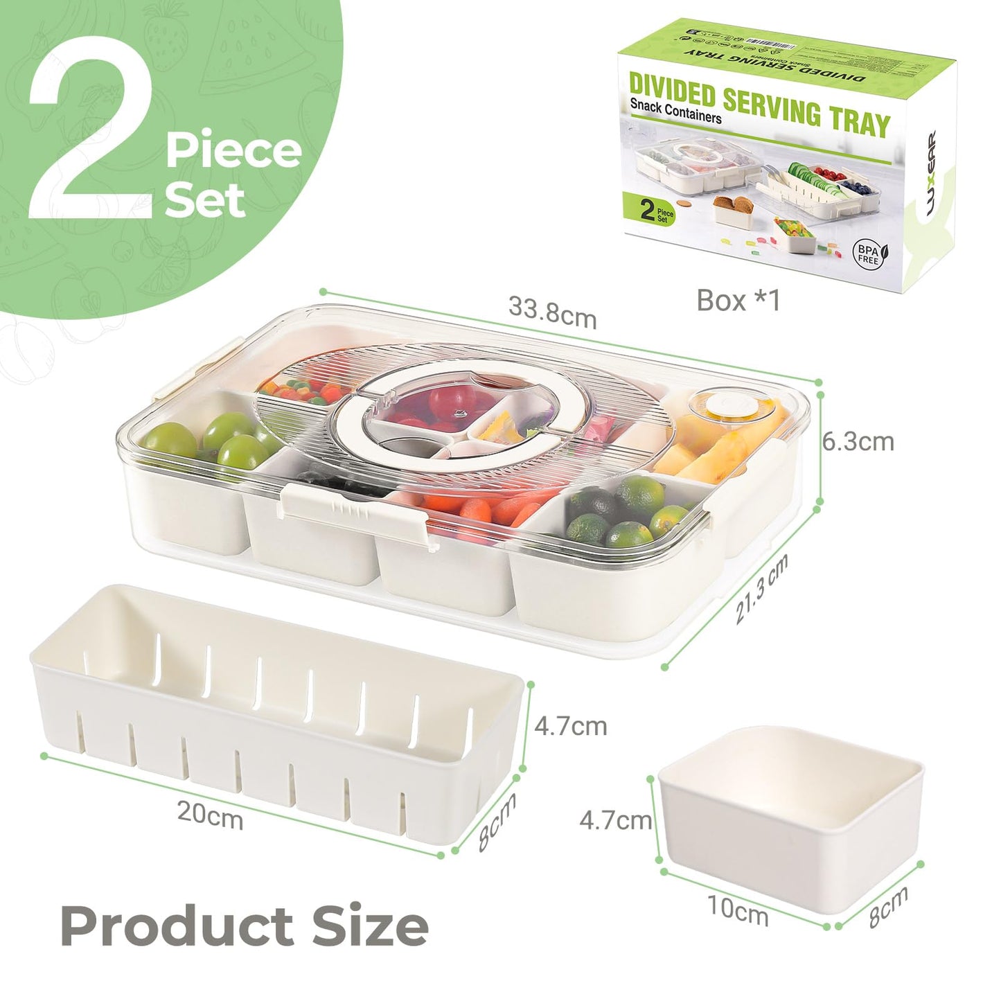 LUXEAR 2Pack 8-Compartment Snackle Box - Airtight Leakproof Divided Food Tray with Lid & Handle, BPA-Free Dishwasher Safe for Picnic, Fridge, Travel, Party, Ideal for Charcuterie & Food Storage
