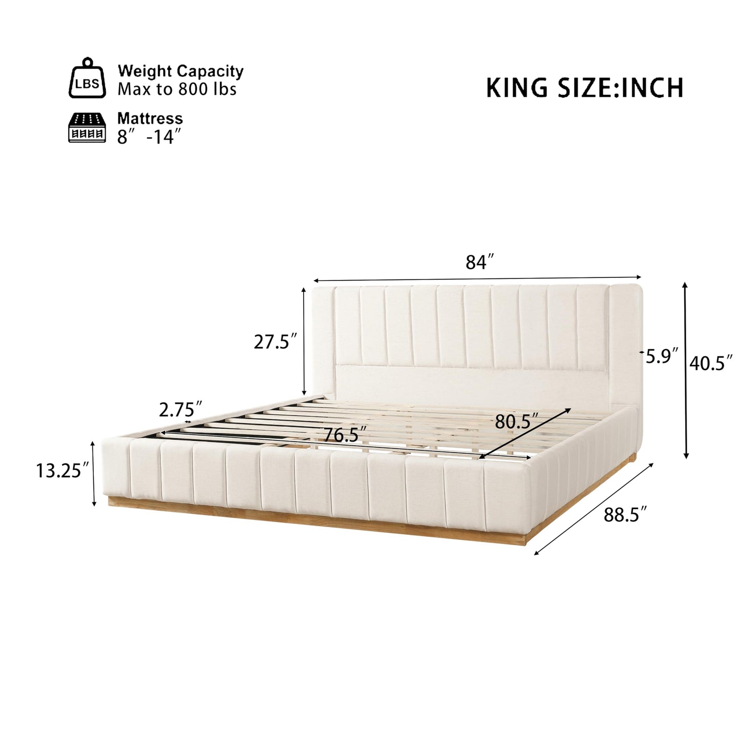 FammyLoft King Size Bed Frame, Elegant Striped Fabric Upholstered Bed Frame, Minimalist Bed Frame with Padded Headboard, 800 lbs Support, Modern King Bedroom Furniture,Beige