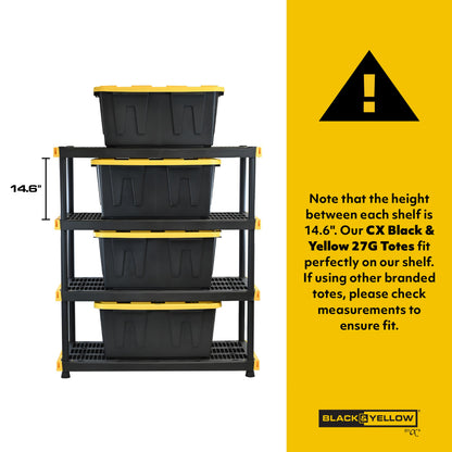 CX Black & Yellow 4-Tier Heavy Duty Storage Shelves and 8 Heavy Duty Storage Bins with Lids, 4 Shelves that Support up to 200lbs/shelf + 27 Gallon Containers (8-Pack), Organization and Storage