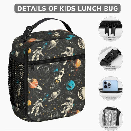 Jollitot Space Backpack for Boys with Insulated Lunch Box Pencil Case (3 Set), 17 Inch Large Lightweight School Bookbag for Elementary Middle School Kids, Waterproof Astronaut Travel Daypack (Black)