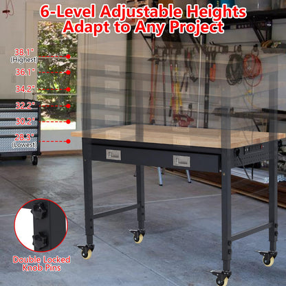 60''x22'' Adjustable Rolling Workbench, Heavy Duty Work Bench with Power Outlets, Lights, Storage Drawer, Pedboard, 30 Hooks, Wooden Tool Bench for Garage, Workshop