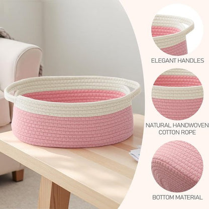 JMvicyroam Woven Basket - Small Rope Storage Bin with Handles & Ribbon Bag | White & Pink, 2-Pack for Organizing Shelves and Closets
