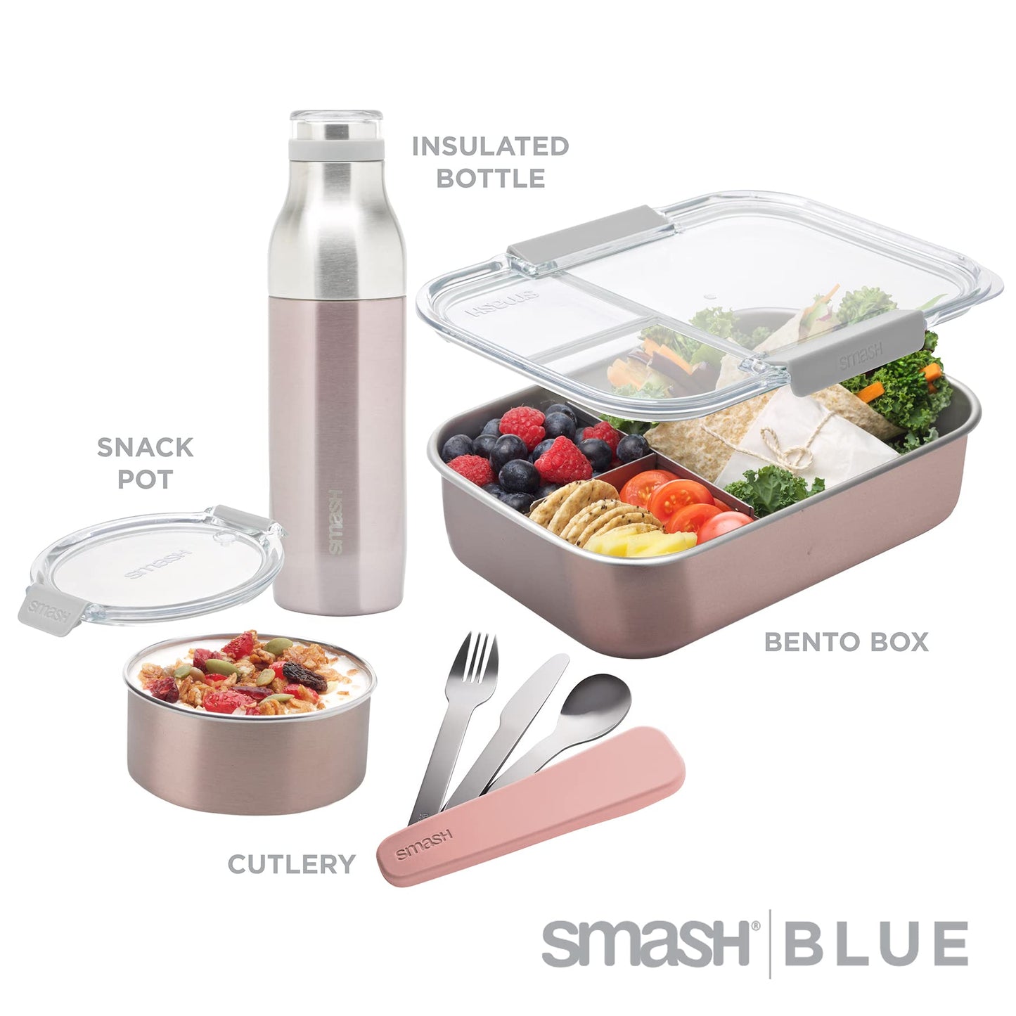 Smash Eco-friendly Bento 7-Piece Lunch Kit - Blush color - Box with 3 compartments, Snack Box, 16.9 fl oz Bottle, 3 piece travel cutlery set. (Blush)