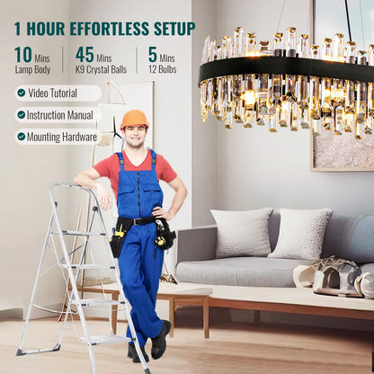 Siljoy Modern Crystal Chandelier, 16-Light Black Rectangular 2-Tiers K9 Crystal Raindrop Chandelier, Farmhouse Crystal Ceiling Light Fixture for Living Dining Room Kitchen Island L35.4 Inch