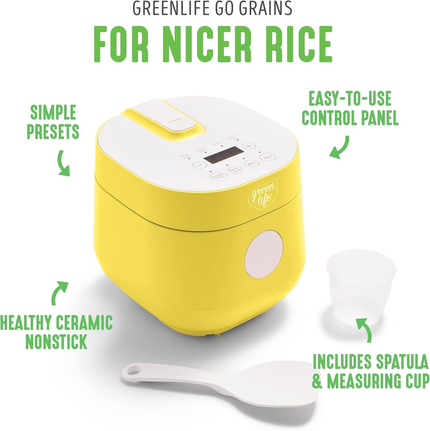 GreenLife 4-Cup Digital Rice Cooker, PFAS & PFOA-Free Removable Ceramic Pot, Healthy Cooking, Yellow
