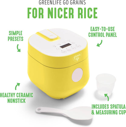 GreenLife 4-Cup Digital Rice Cooker, PFAS & PFOA-Free Removable Ceramic Pot, Healthy Cooking, Yellow