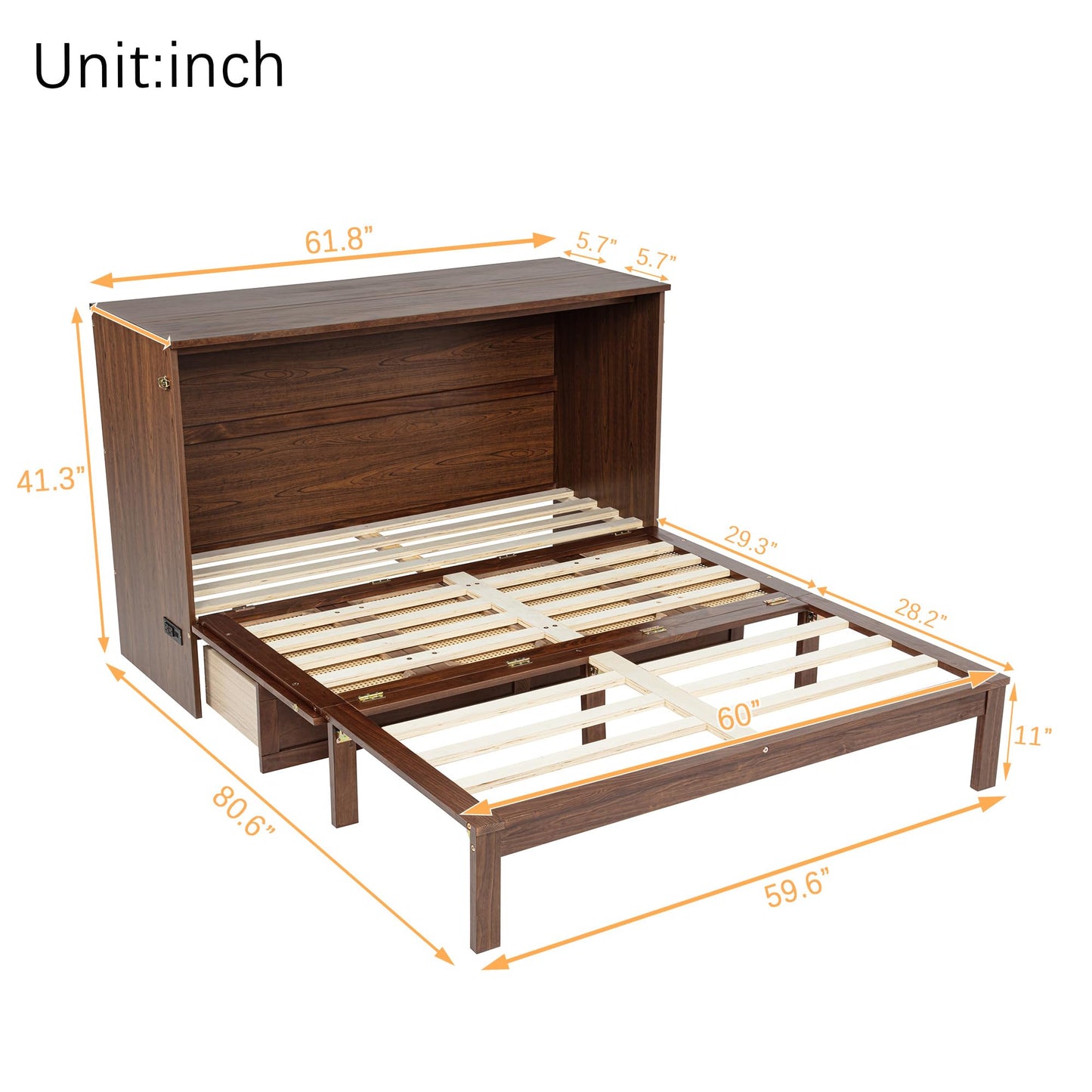 GDFStudio Queen Size Murphy Bed Cabinet with Rattan Panel, Built-in Power Station, Pine Wood Cabinet Bed with Storage Drawer, Foldable Queen Beds for Guest Rooms, Small Spaces, Living Rooms, Walnut