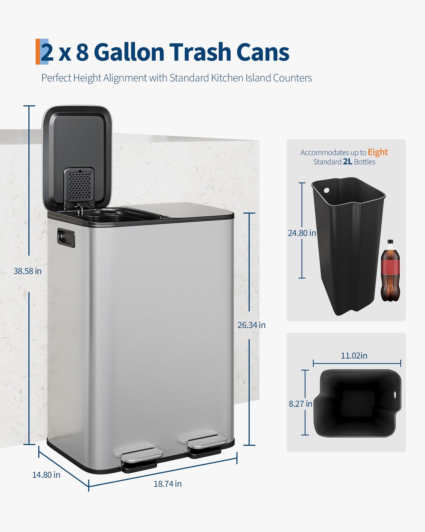 GarveeHome 2 x 8 gal Stainless Steel Double Trash Can with Lid for Kitchen, Large Dual Trash and Recycle Bin Combo, Step-on Kitchen Metal Garbage Cans, PP Inner Buckets, Liner Rim, Silver