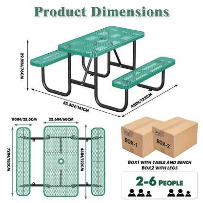 Gaonala 4FT/48IN Heavy Duty Outdoor Picnic Table and 2 Benches for 2-6 People, Weather Resistant Rectangular Steel Picnic Table Set with Umbrella Hole for Yard Patio Lawn Party Green