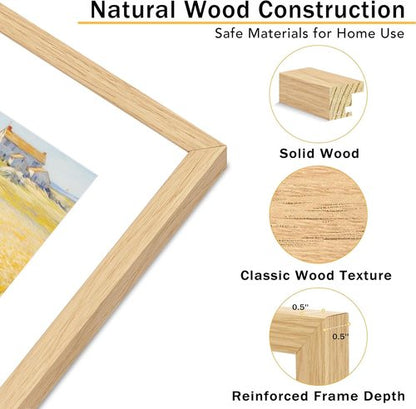 JCJMY 11x14 Solid Wood Picture Frame - Display 8x10 with Mat or 11x14 Without | Natural Finish, Shatter-Resistant Plexiglass