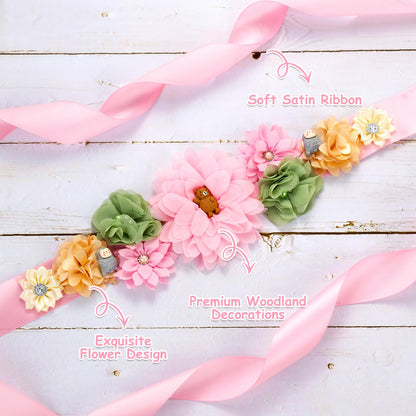 JOYMEMO Pink Woodland Animal Baby Shower Maternity Sash Kit - Woodland Theme Baby Shower Belly Belt and Mom to Be & Dad to Be Corsage Pins, Pregnancy New Parents Photo Props Party Supplies