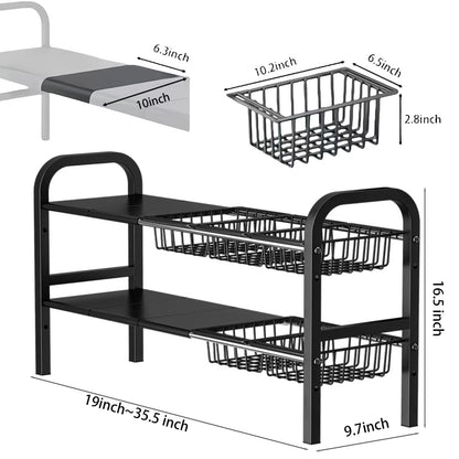 Fliqor Under Sink Organizer，2 Tier Expandable Heavy Duty Metal Shelf，with 5 Removable Panels and 5 Storage Basket for Under Kitchen Bathroom Sink Organizers and Storage(Black, Large)