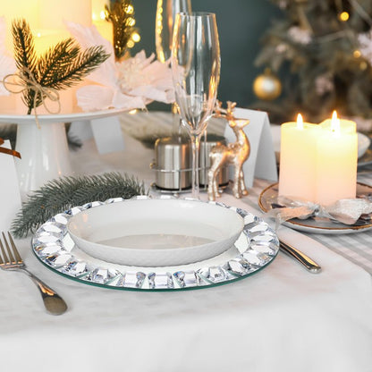 Suclain 6 Pcs Mirrored Glass Charger Plates 13 Inch Silver Mirror Plates Round Chargers for Dinner with Diamond Rim Settings for Wedding Birthday Party Events (Square Diamond Rim)