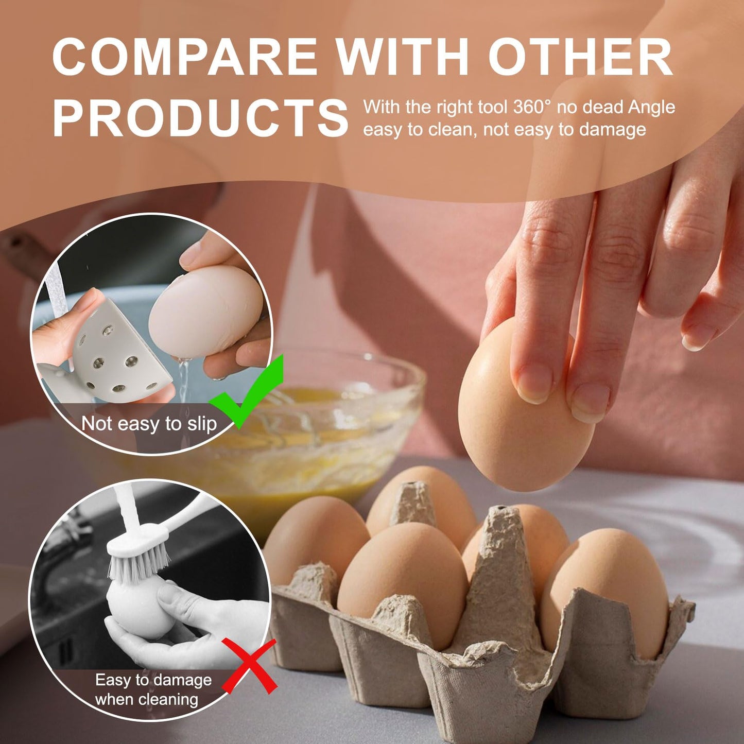 wonlex 4PCS Egg Brush Cleaner Multipurpose Fruit and Vegetable Rotating Scrubber Tool for Fresh Eggs, Reusable Chicken Duck Egg Washer Scrubber (Grey+Yellow)