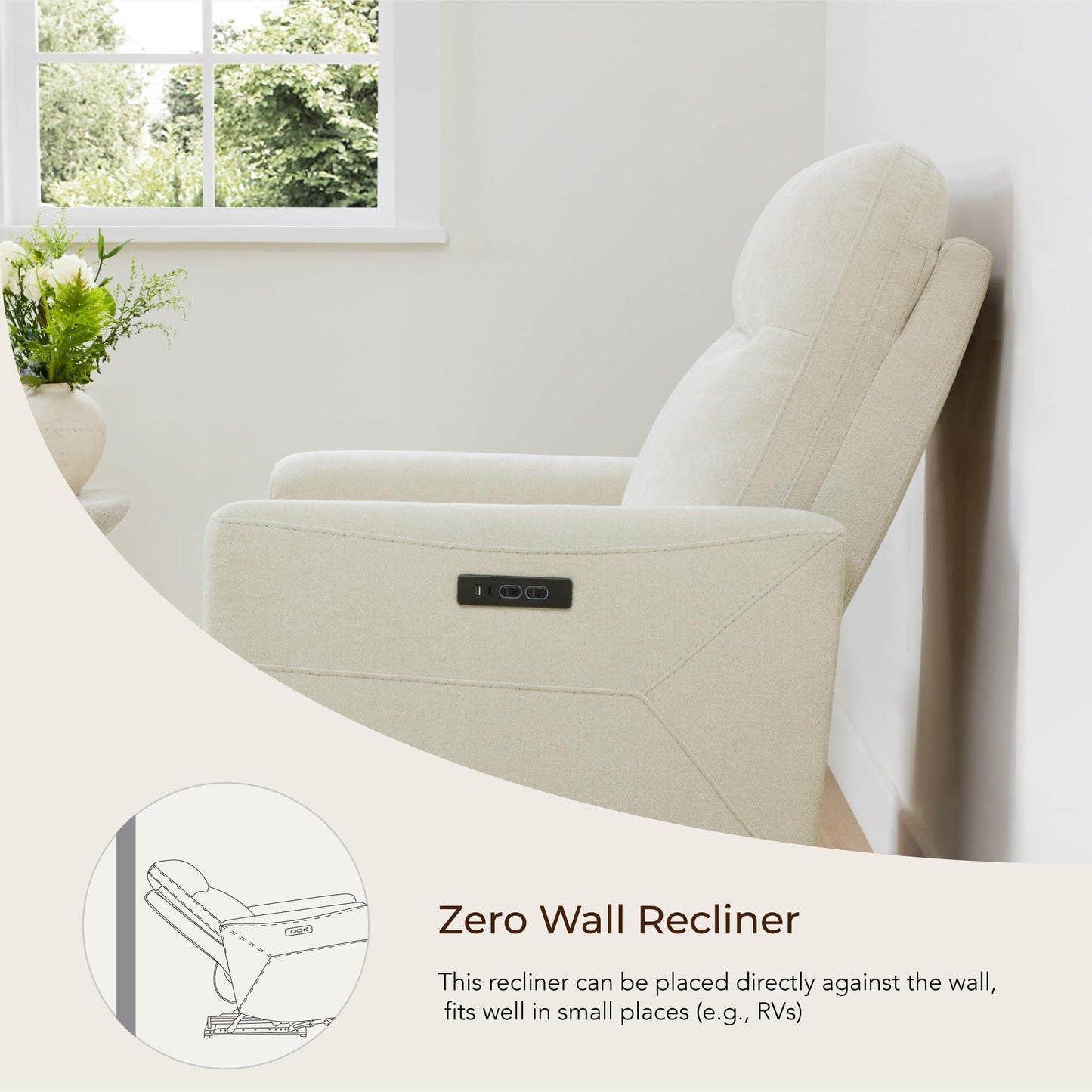 CHITA Power Recliner Chair for Adults, Electric Zero Clearance Wall Hugger Recliner for Small Spaces, Modern Living Room and RV Recliner Chair with Adjustable Power Headrest & Charging Ports, Cream
