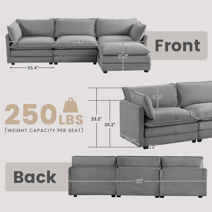 ROWHY 112'' Modular Sectional Cloud Couch with Movable Ottoman, 4 Seat Modern Corduroy Sofa with 2 Throw Pillows, Comfy Deep Seat L Shaped Couches for Living Room Bedroom Apartment, Dark Grey